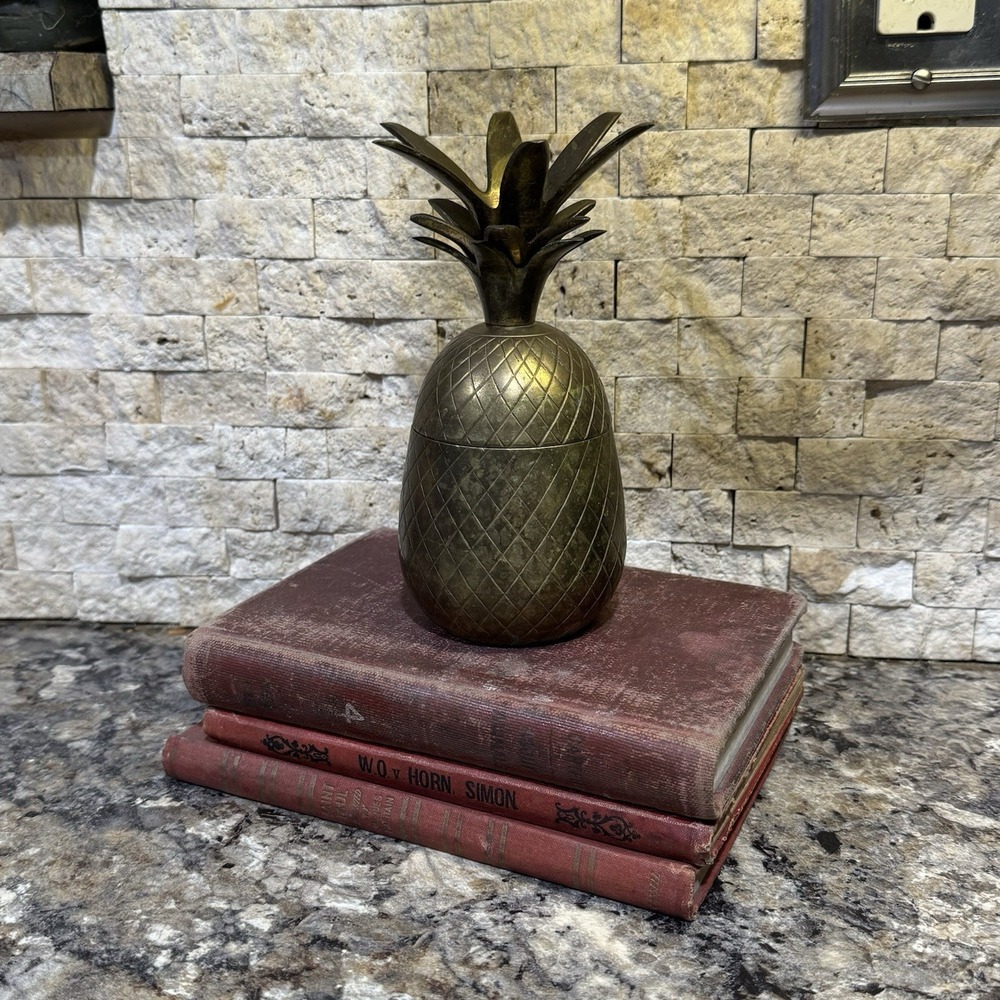 Vintage Brass Pineapple Jar Container Canister with Lid 7'' Tall Mid Century